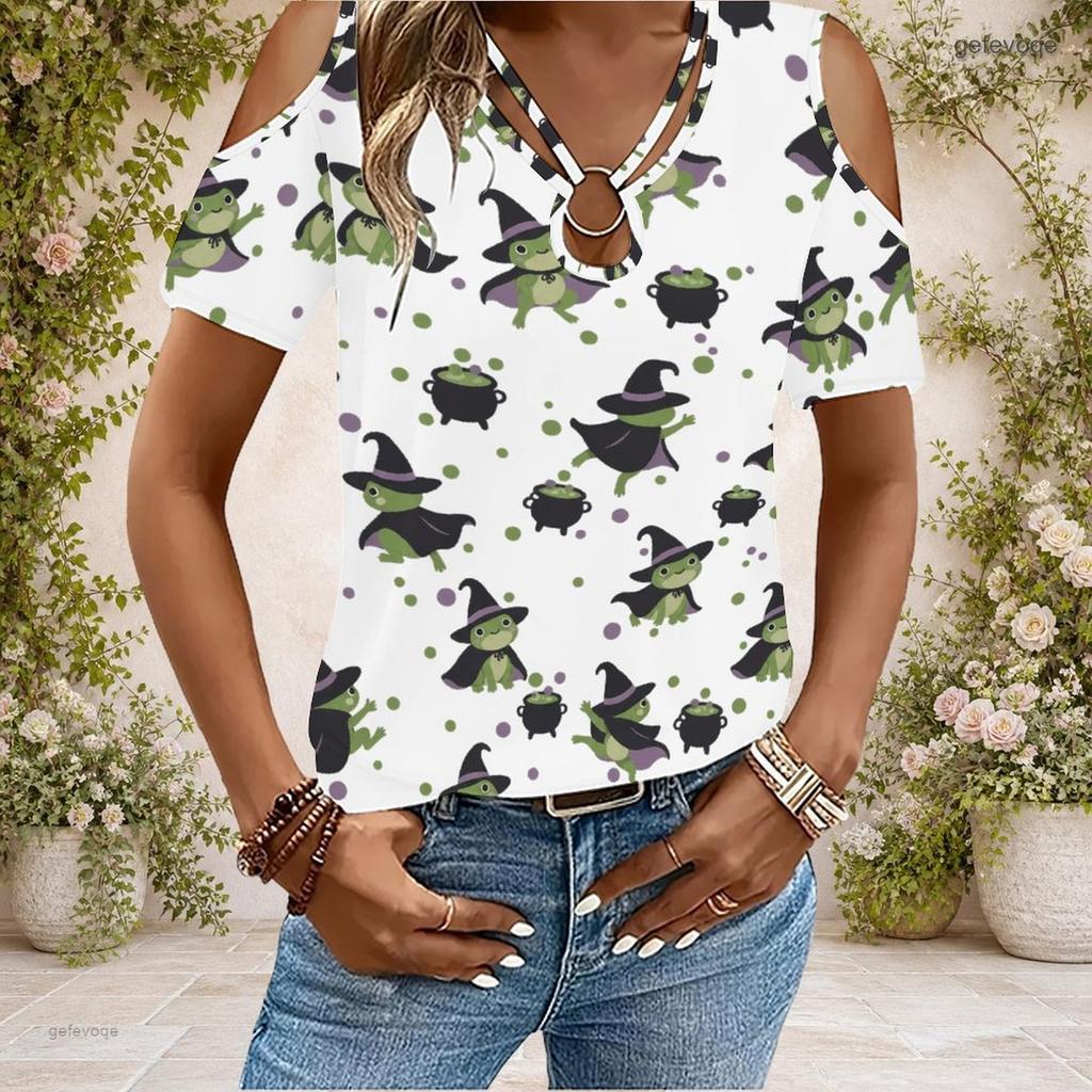 Women Plus Size Keyhole Ring Neck Cold Shoulder Short Sleeve Cartoon Bunny Print White T Shirt