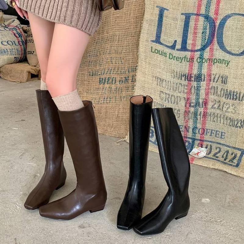 New women's leather boots cowhide high boots medium heel versatile square head zipper autumn and winter genuine leather rubber sole Martin boots