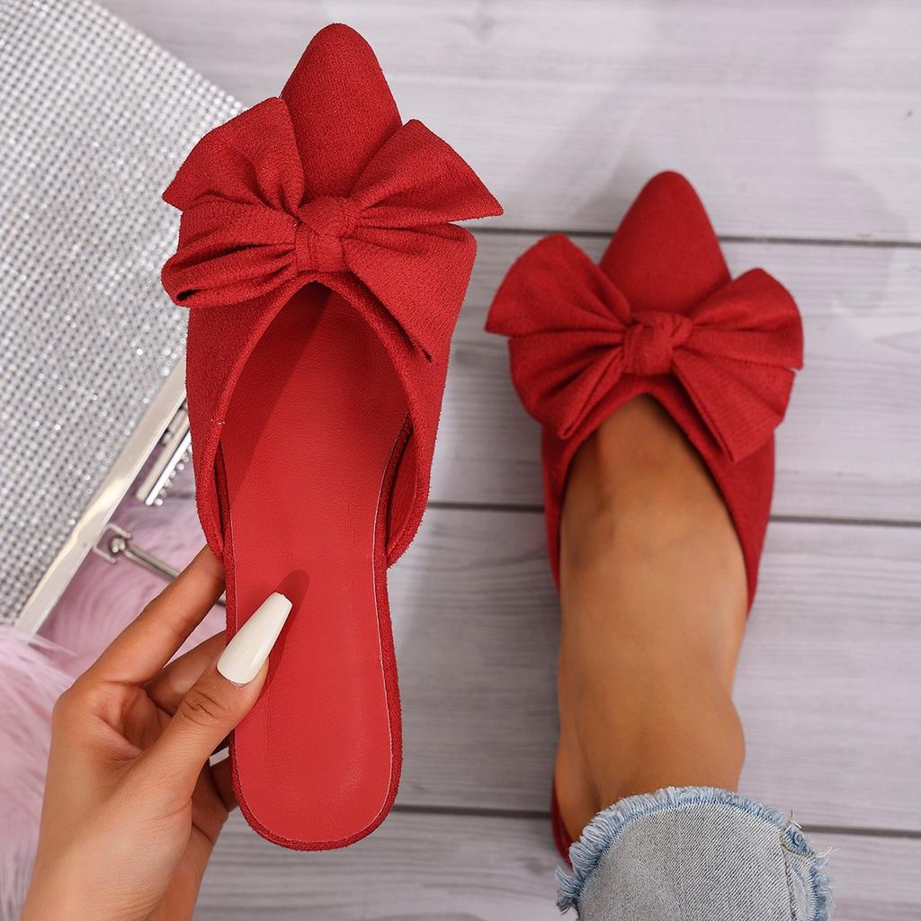 Plus Size Women's Spring and Summer New Pointed Low Heel Slippers Bow Suede Block Heel Women's Shoes