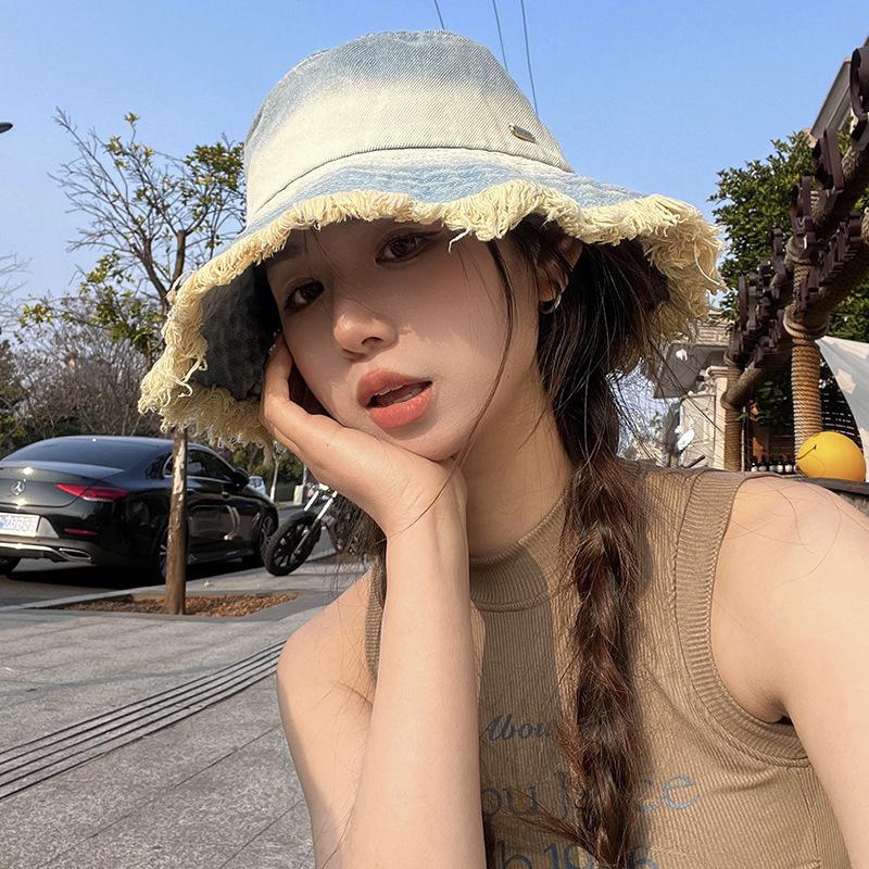 New Japanese-style Gradient Frayed Edge Washed Denim Fisherman Hat, Summer Sun Protection Hat for Women, Bucket Hat
