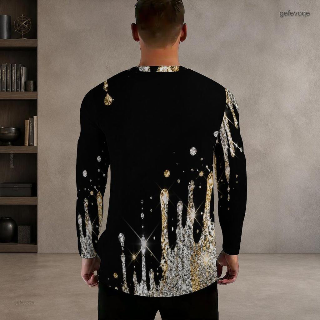 Men Plus Size Round Neck Long Sleeve Black Gold Geometric Printed T Shirt