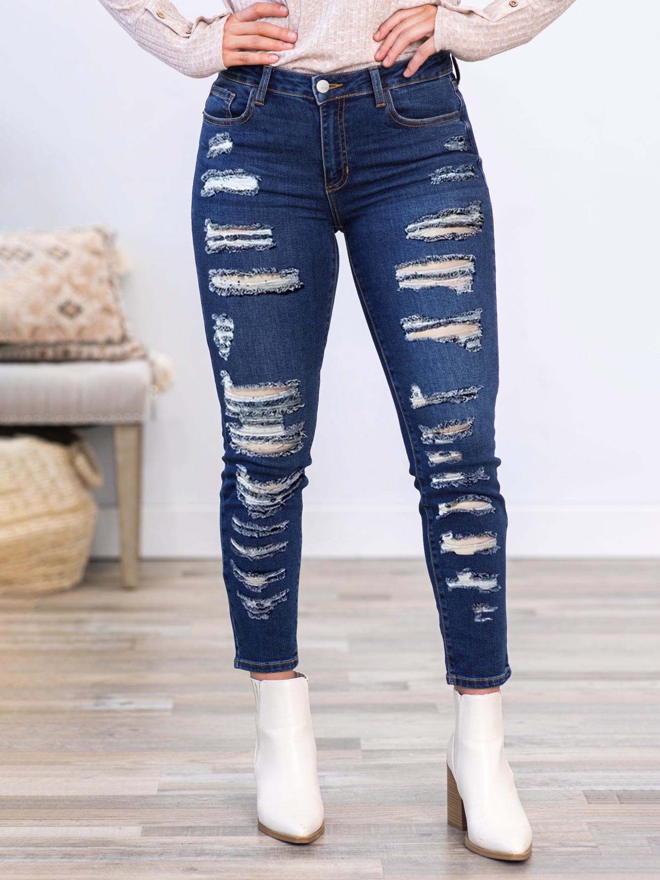 

Джинсы больших размеров в европейском и американском стиле с рваными краями, высокой эластичностью, уличной моды для женщин 2XL (U.S. 16) 170-195 lbs синий