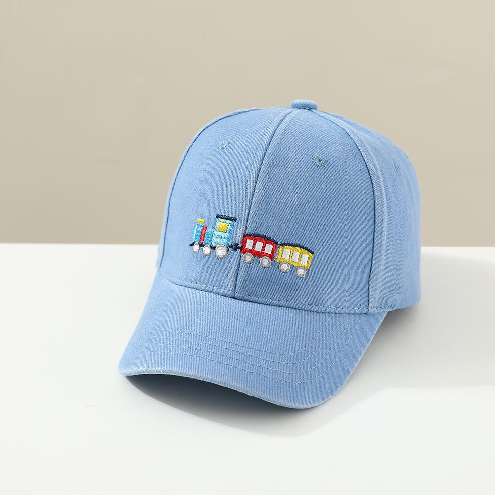 Children's hats, small trains, embroidery washed baseball caps, spring and autumn boys and girls outdoor sunshade peaked caps