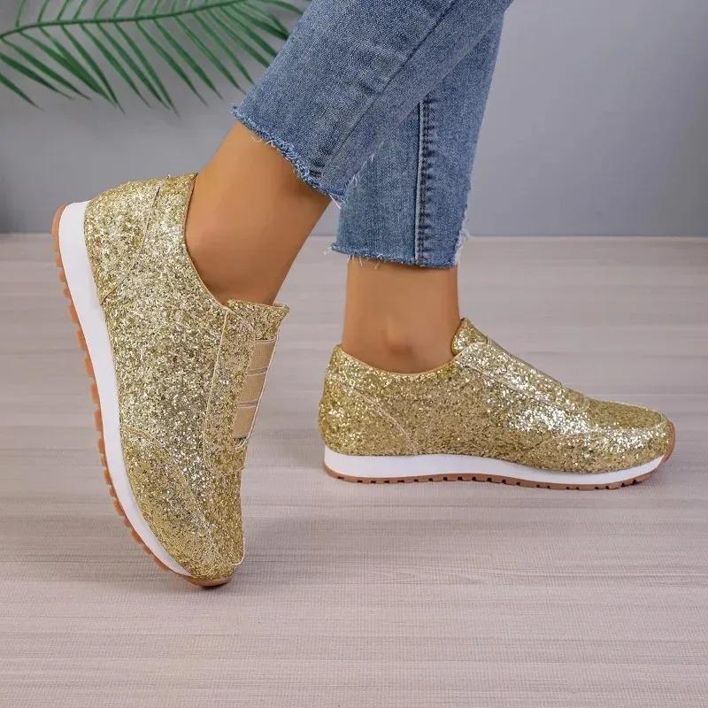 fashion New Women'S Casual Flash Mesh Flat Shoes Woman Sequin Vulcanized Shoes Lace Up Sports Female Outdoor Sports Running Shoes