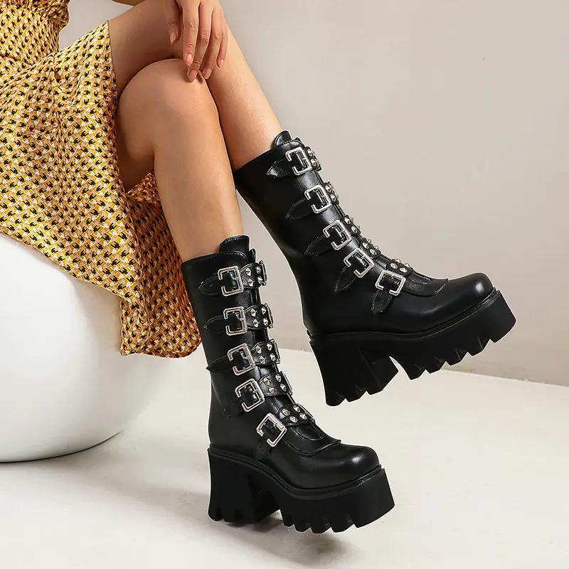 Fashion High heeled motorcycle boots autumn and winter new style thick soled short leg fashionable and comfortable mid leg boots