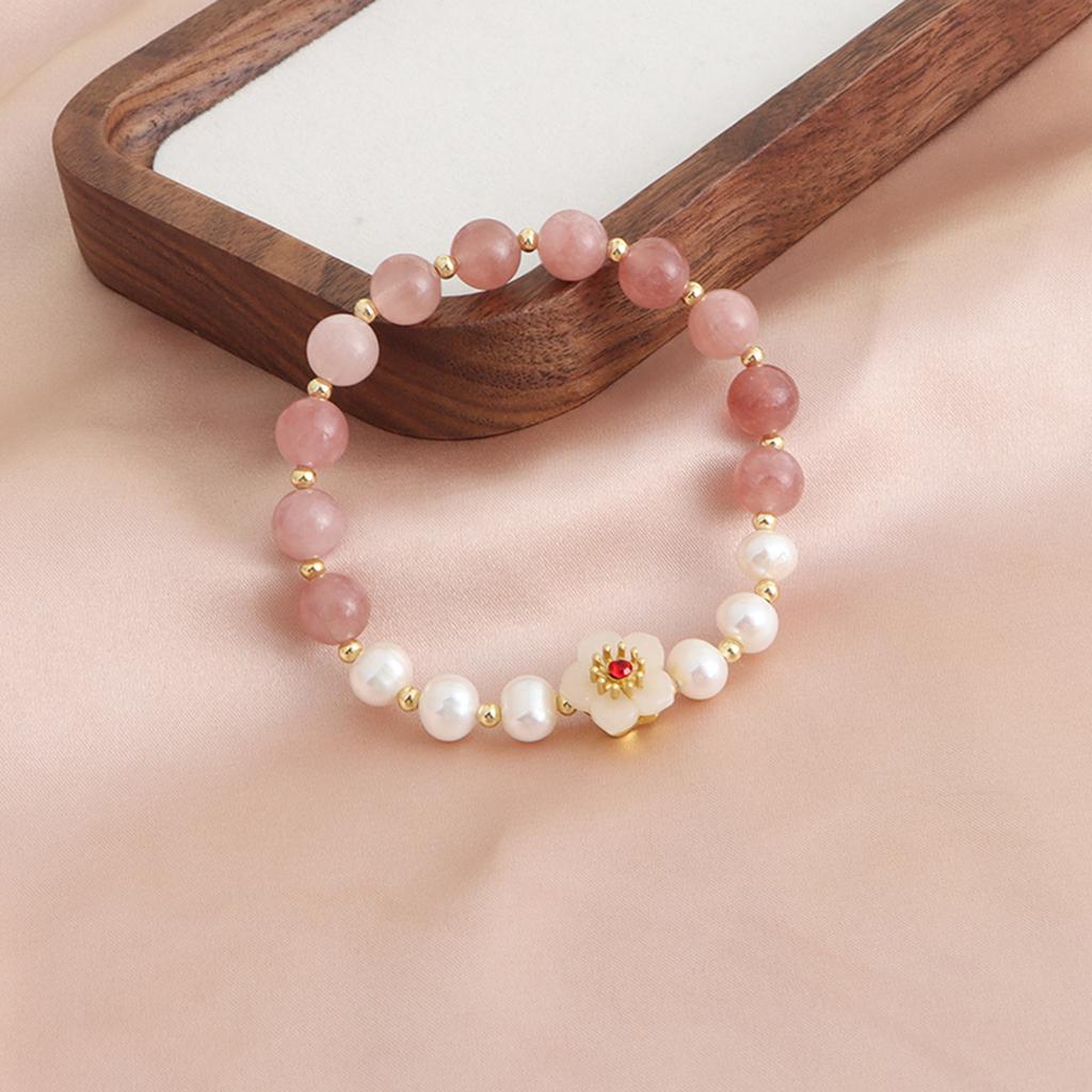 Natural freshwater pearl powder crystal aquamarine crystal bracelet peach blossom hand jewelry bracelet small fresh jewelry