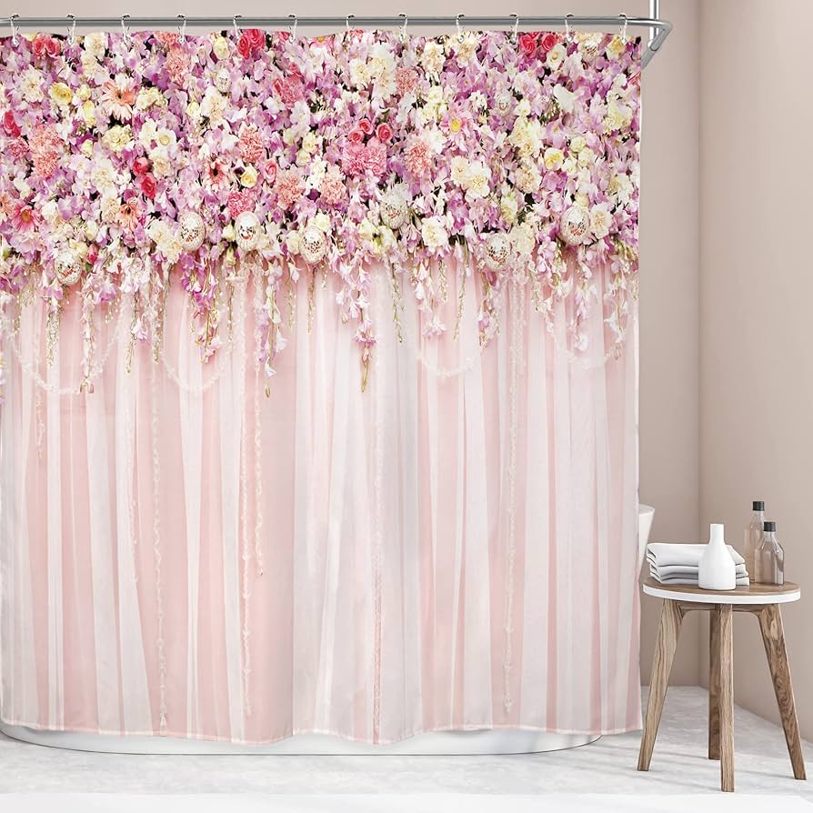 Pink Floral Shower Curtain Kids Decor Spring Flower Park Forest Road Landscape Scenic Bathroom Curtain Decor Set with 12 Hooks