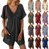 Women's Casual V-Neck Short Sleeve With Pockets Comfort Jumpsuit Shorts