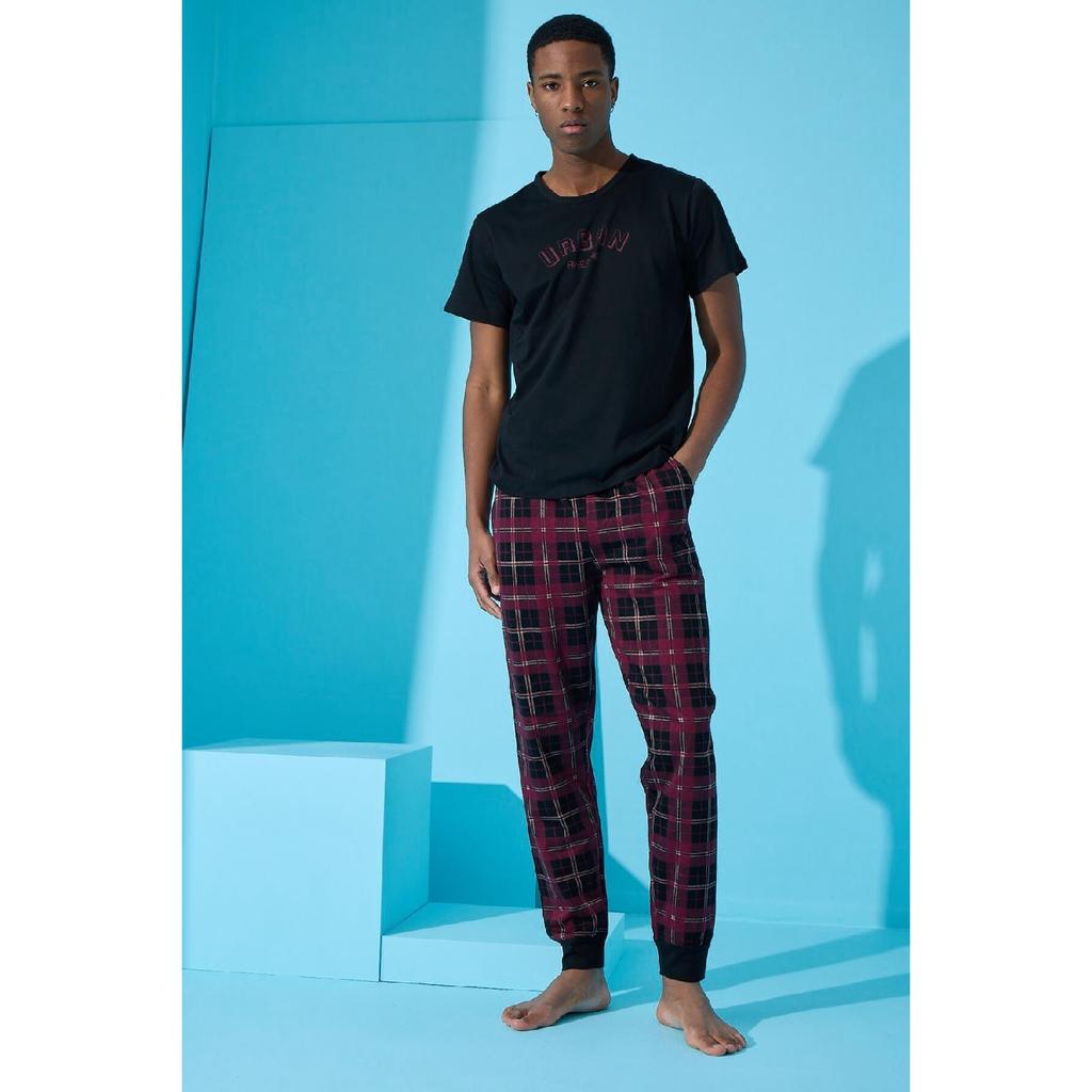 Marineblaues, kurzärmliges Herren-Pyjama-Set mit Urban-Print