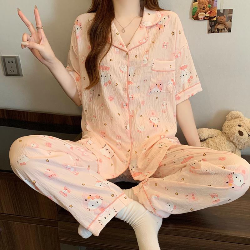 Cloud Cotton Pajamas Women'S Summer Dream Candy Cute Lapel Short Sleeves Trousers Homewear