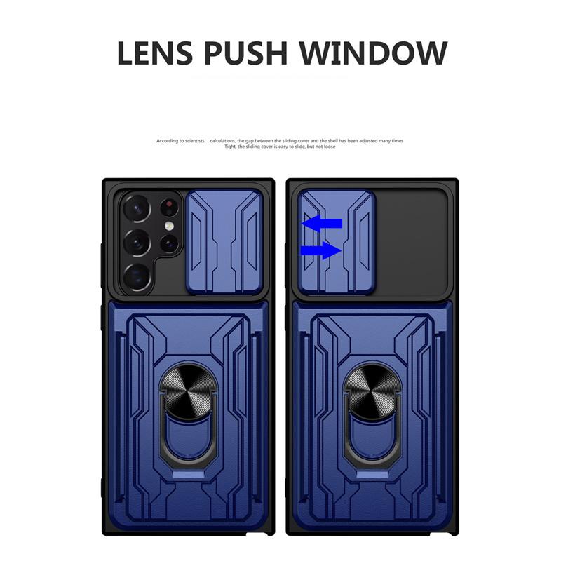 Schiebekamera-Schiebefenster-Kartensteckplatz-Ständerringhülle für Samsung Galaxy S25 S24 Ultra S23 S22 S21 S20 Plus, magnetische Hochleistungsschutzhalterung