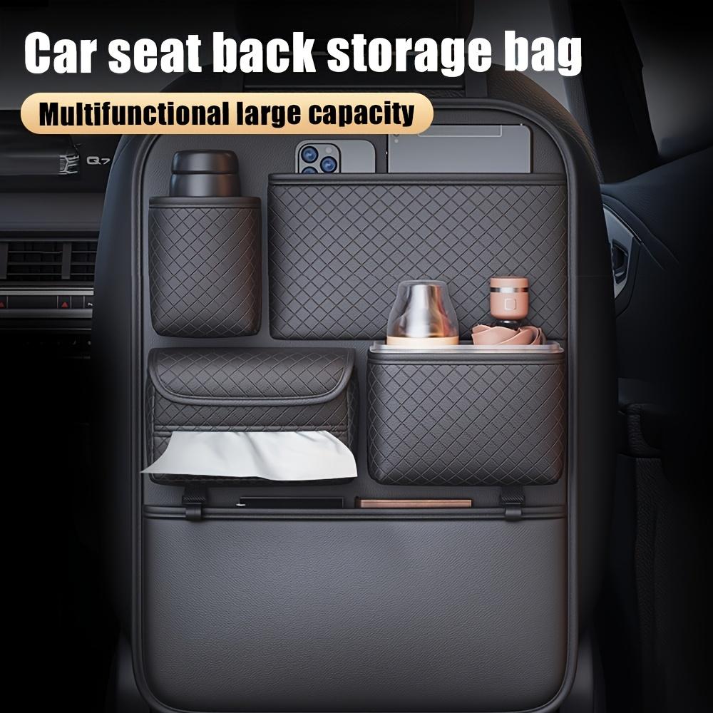 2025 New PU Leather Car Seat Back Organizer Bag with Diamond Pattern - Multi-Layer Storage for Bottles, Tablets, Laptops & Accessories, Black