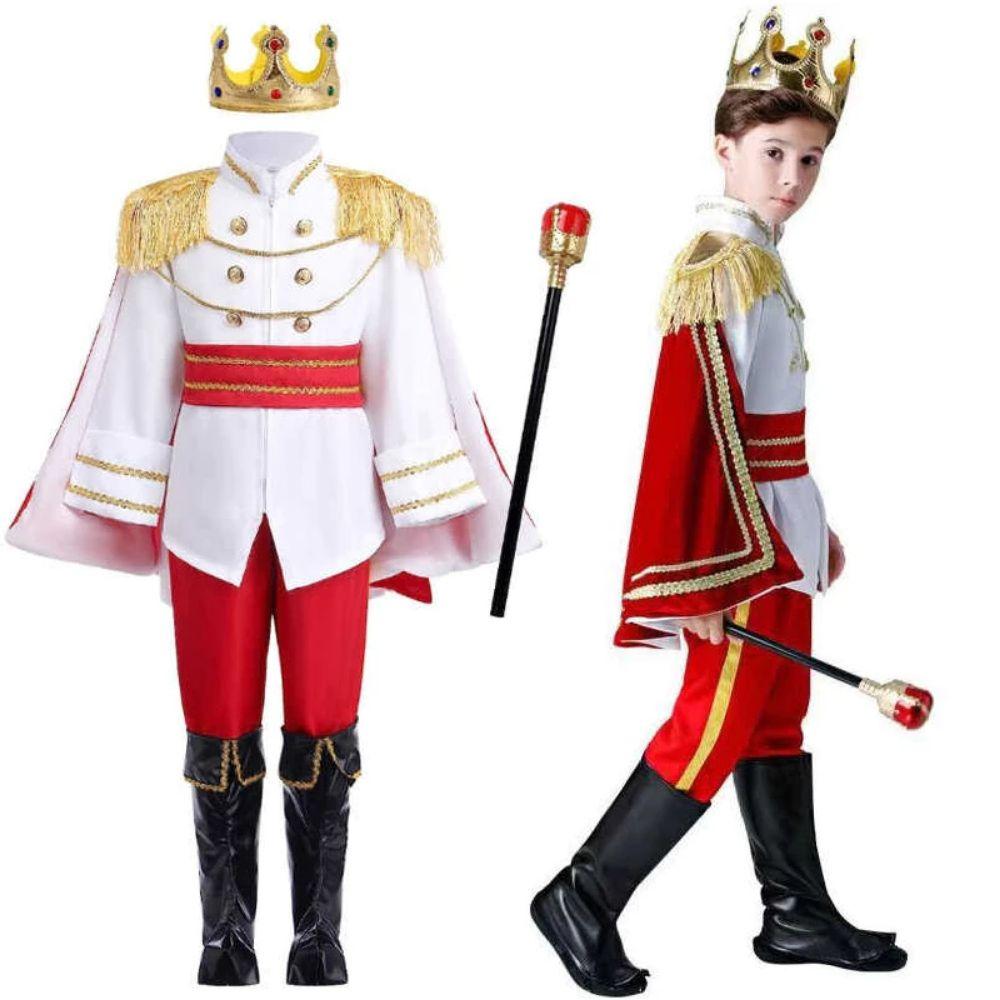 Role Playing King Cosplay Costume Fluffy Kid Crown Cane Party Costume Masquerade