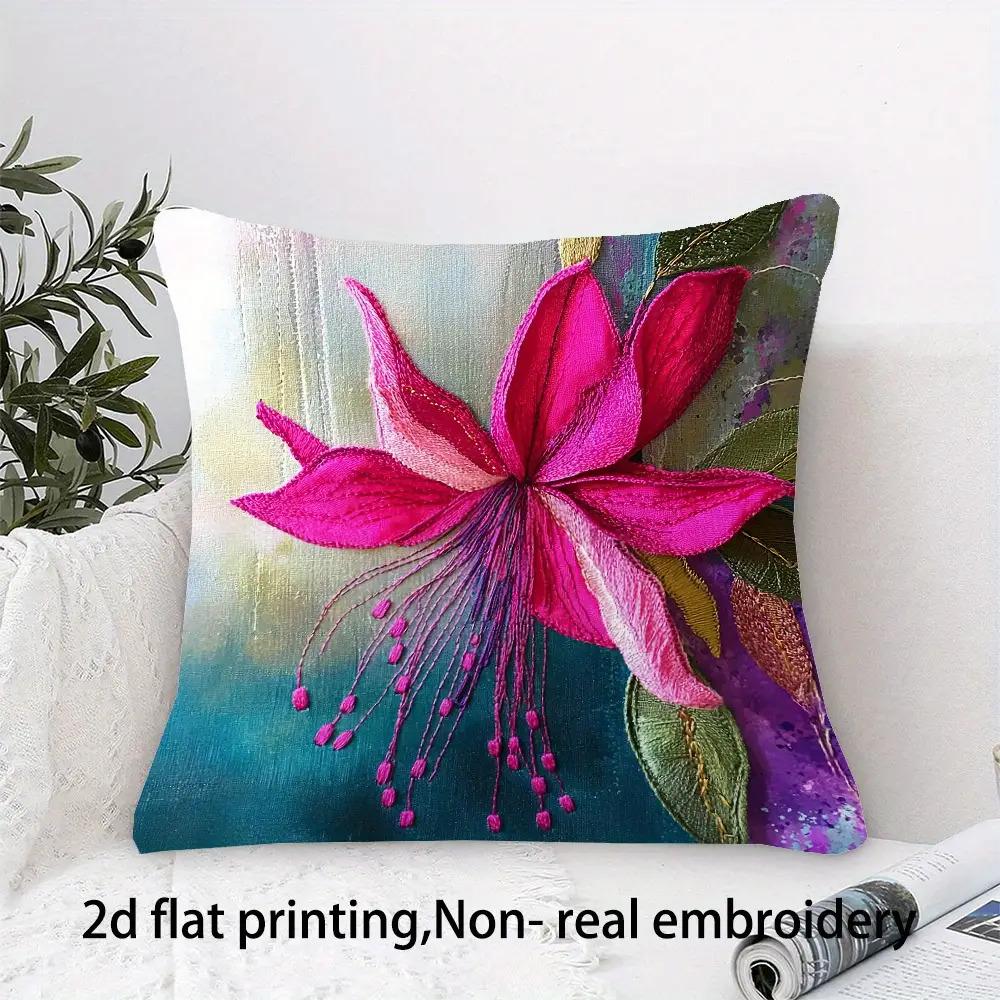 Fuchsia Flower Watercolor Print Throw Pillow Cover, Faux Embroidery Style Decorative Cushion For Living Room Bedroom Sofa Couch