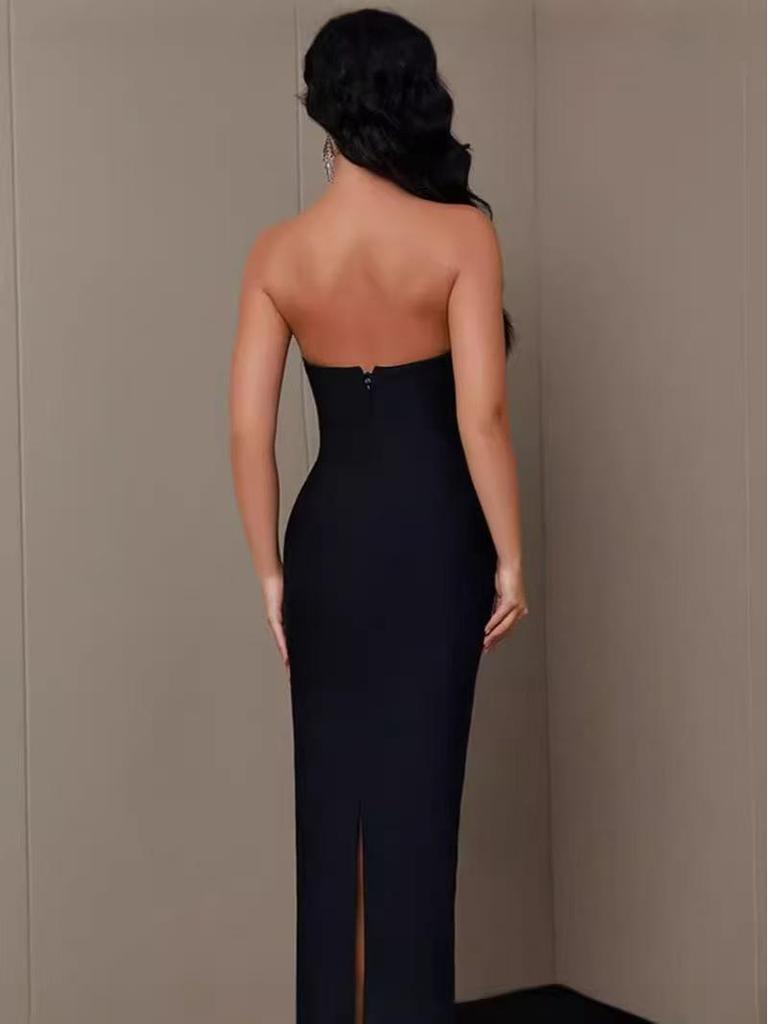 European and American Knitted Diamond-studded Bandage Dress with Slit