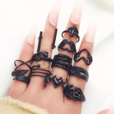 Zwemmende zwarte vleermuis ring, modieuze liefde, paddenstoel, palmbron, 12-delige ringenset voor dames