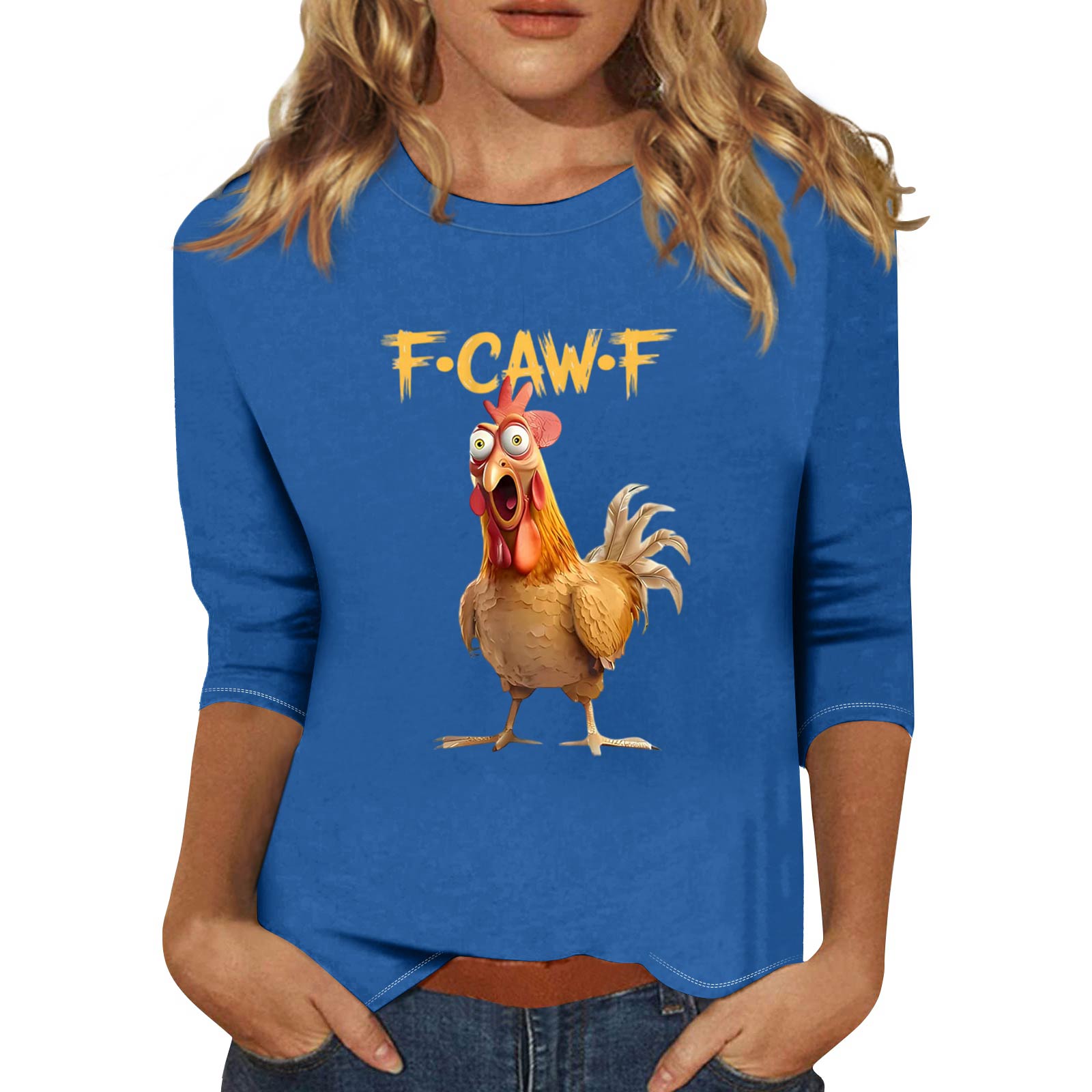 

Women s Fashion Casual Three-Quarter Sleeve Printed Neck T-Shirt Top M синий