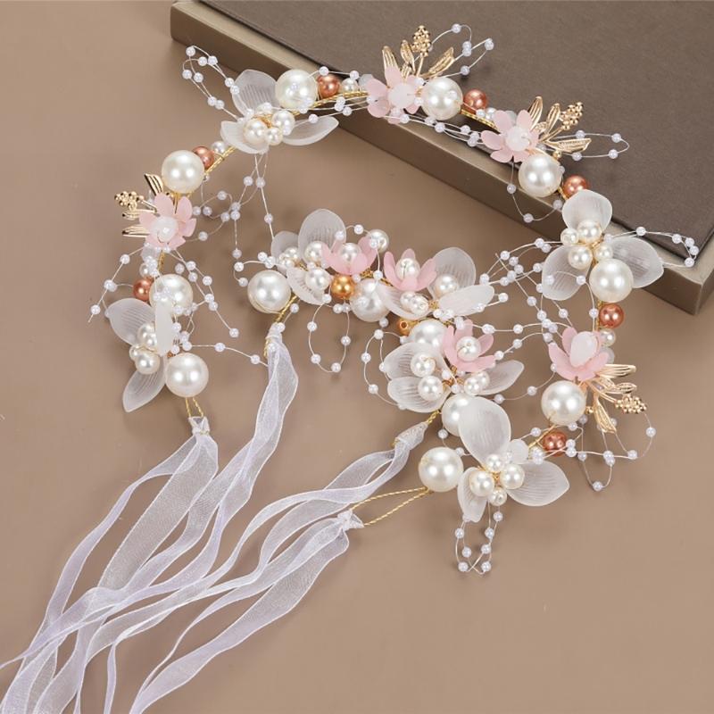 Flower Girl Tiaras Headband with Wrist Flower Artificial Pearls Flower Hairhoop For Wedding Dress And Formal Occasion