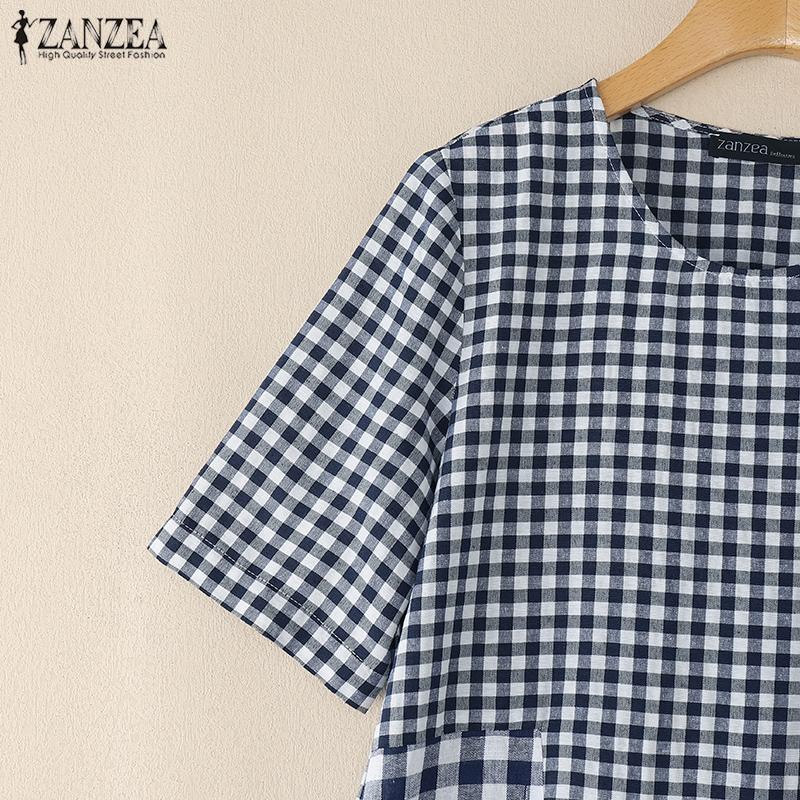 ZANZEA Women Plaid Print Summer Casual O-neck Half Sleeve Long Dress