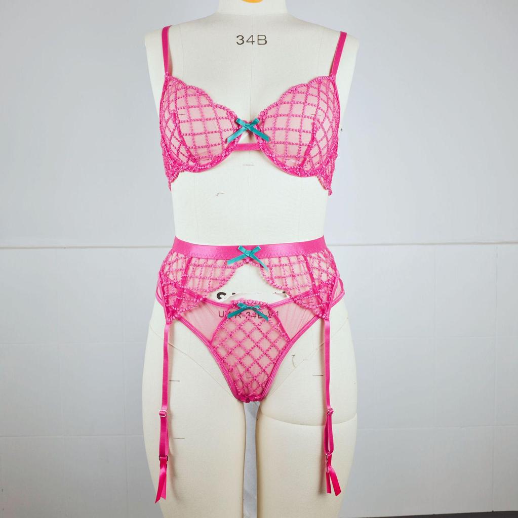 Lake Blue Embroidered Sling Bra Set: Trendy European and American 3-Piece with Steel Support