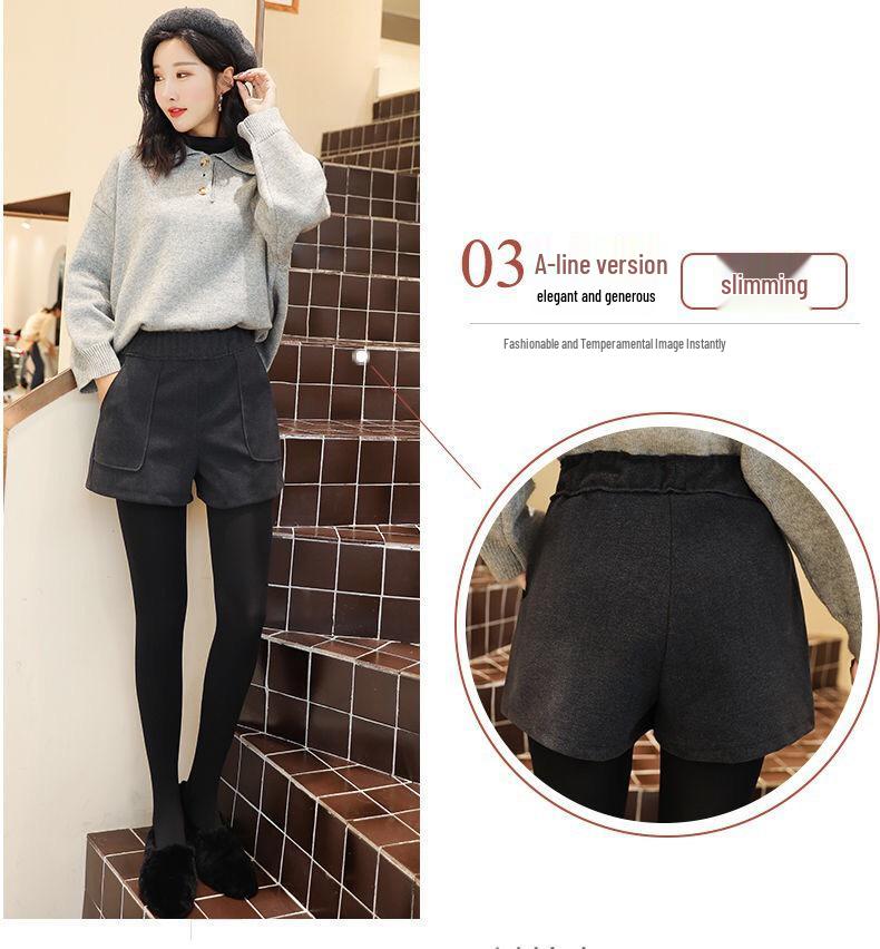 Women's High-Waist Wide-Leg Woolen Shorts - Versatile Winter Layering Pants for Plus Size