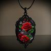Red Rose Flower Pattern Oval Glass Pendant Necklace