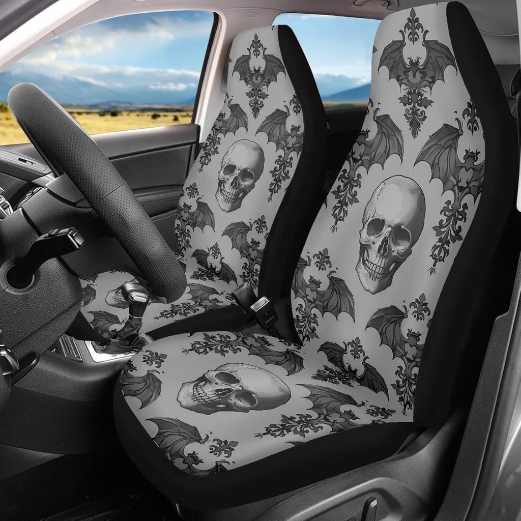 Bulopur Cute Black Gray Skull Set of 2 Car Seat Covers Universal Auto Front Seats Protector Fits for Car,SUV Sedan,Truck