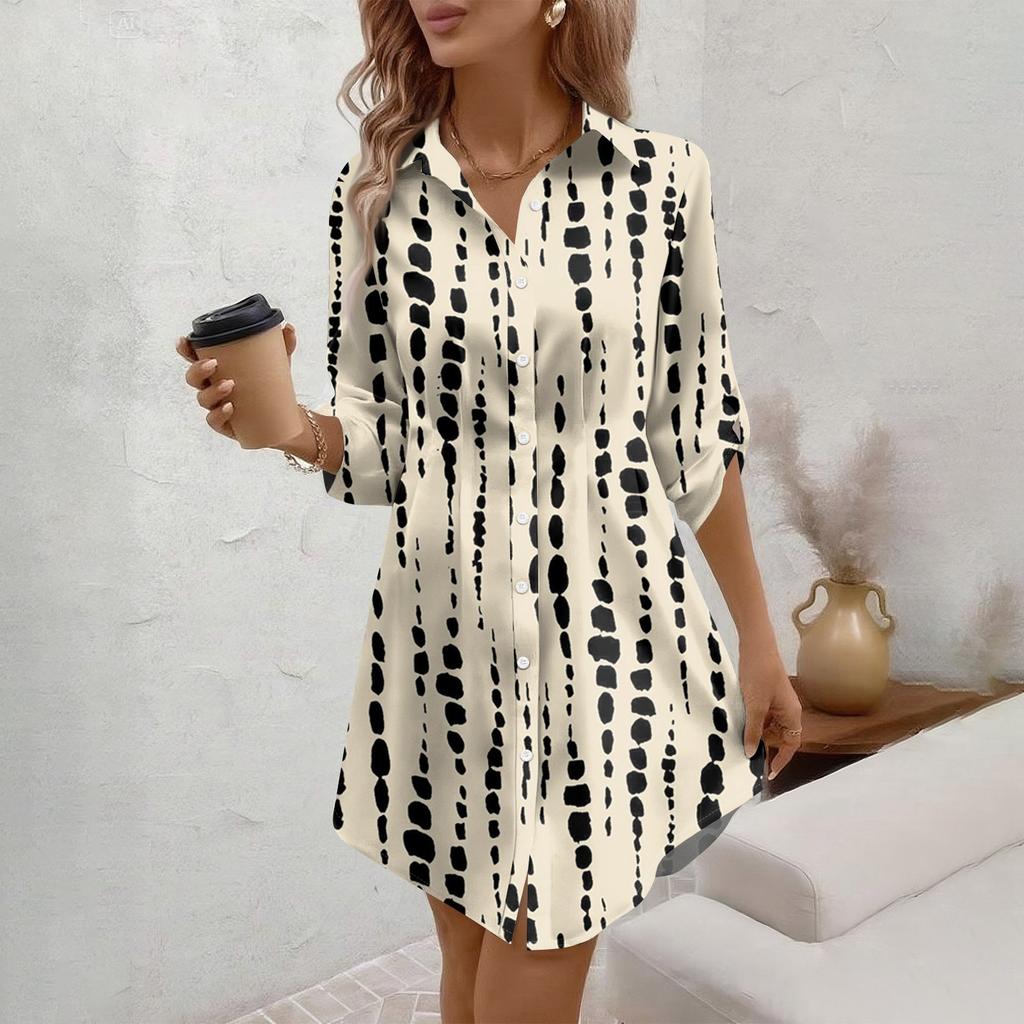 Damen Locker sitzendes V-Ausschnitt Langarmkleid Druck Arbeitshemdkleid