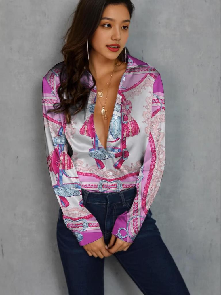 Women's Trendy Long-Sleeve Digital Print Button-Down Shirt