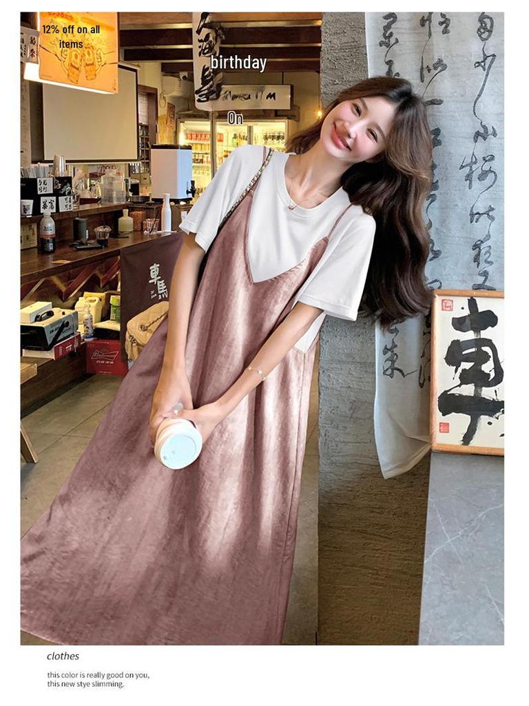 Summer 2025 Women's Gradient Suspender T-Shirt Dress - Age-Reducing, Fake Two-Piece, Medium-Length