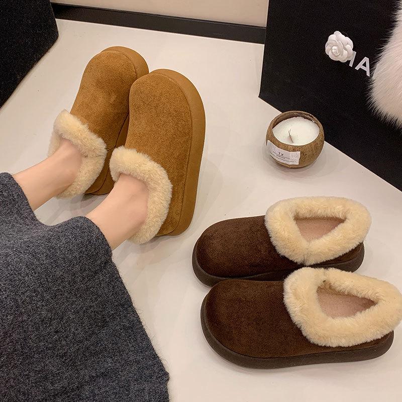 Leather Velvet Small Potato Women's New Autumn and Winter One-pedal Snow Boots Thick-soled Warm Cotton Shoes