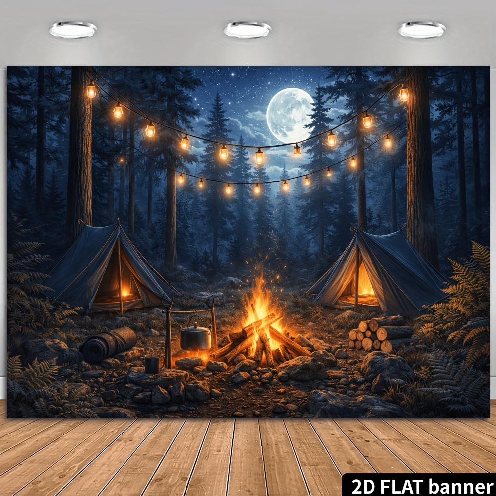 2D Flat Camping Theme Banner Background - Camping In the Forest At Night Theme, Including a Campfire