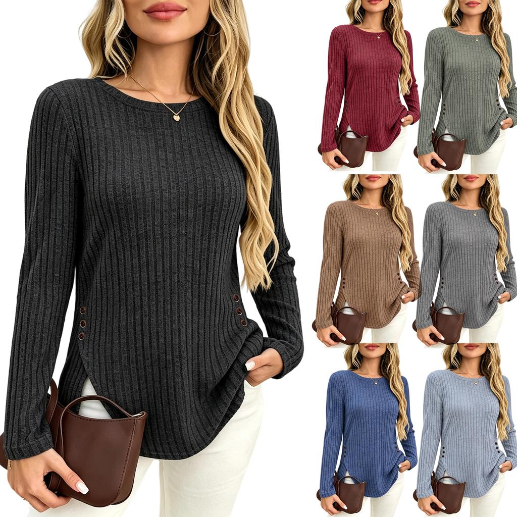Women Fashion Casual Ribbed Knit Round Neck Long Sleeve Button Detail Top Pullover Shirt Slim Fit Lightweight Soft Fabric