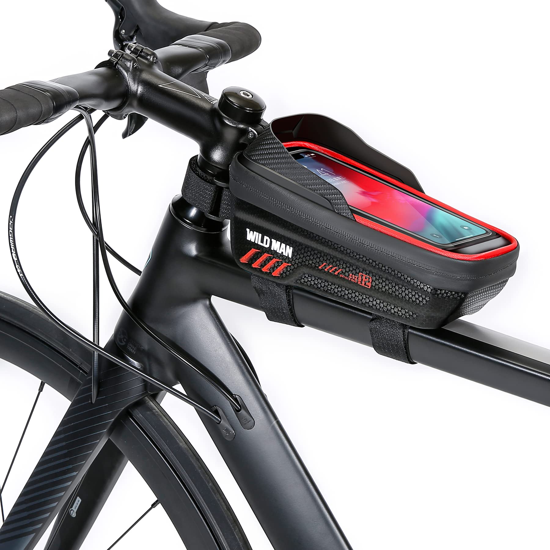 

WILD MAN 1L Waterproof Bike Frame Bag Touchscreen Bike Front Tube Bag Ideal for Mountain Road Bike MTB Cycling (E12, Red)