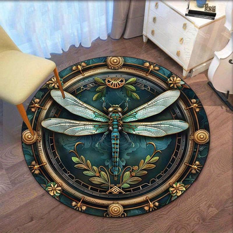 

Steampunk Dragonfly Round Rug – Vintage Crystal Velvet Floor Mat for Artistic Home Decor Diameter 60cm