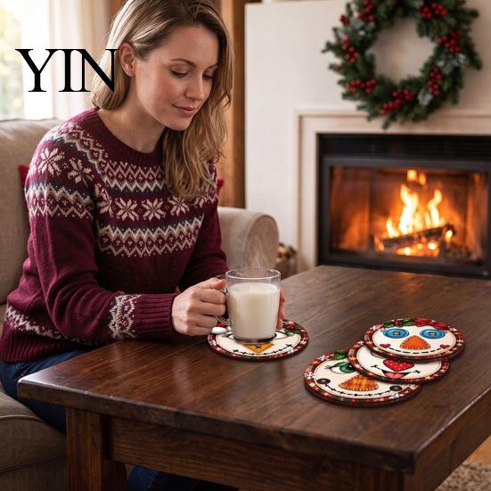 Wooden Coasters for Drinks 4Pcs Christmas Snowman Coasters, Cute Face Drink Cup Party Tableware Mats, Heat Resistant UV Printed Wood Tabletop Holiday