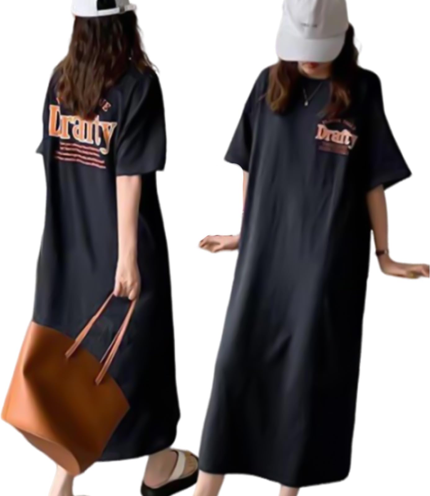 

J.STORE College Logo Cut and Sew Short Sleeve Shirt Dress, Loose Fit, Maxi Length, Long Dress, Women s, Spring, 4S-J18 BKM