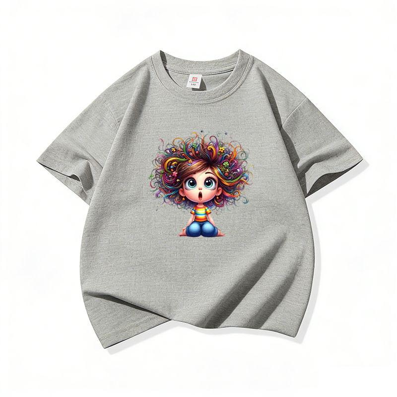 Kids Cotton T Shirt Sitting Girl With Colorful Hair Print Crew Neck Short Sleeve Tee Casual Boys Girls Summer Tops