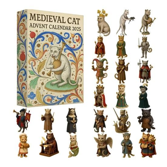 Medieval Cat Advent Calendar 24-Day Countdown Seasonal Advent Calendar Christmas-themed Decoration Kid Room Decor