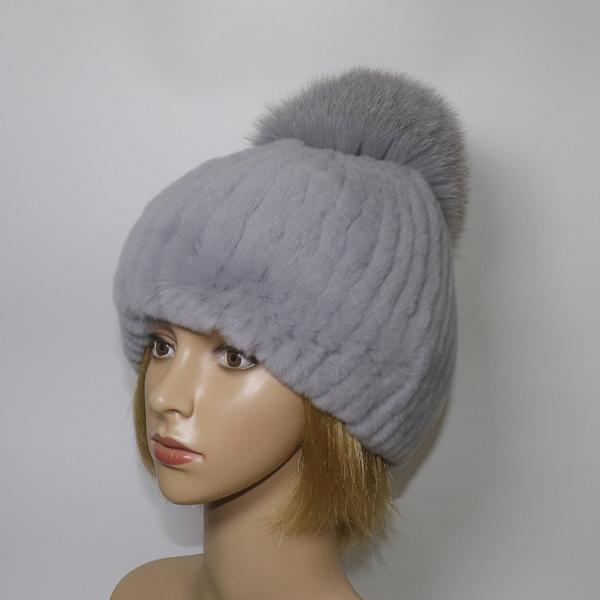 Winter Women Luxuryt Rex Rabbit Fur Hat With Fox Fur Pompoms Natural Warm Fur Hats Girls Knitted Fluffy Real Rex Rabbit Fur Caps
