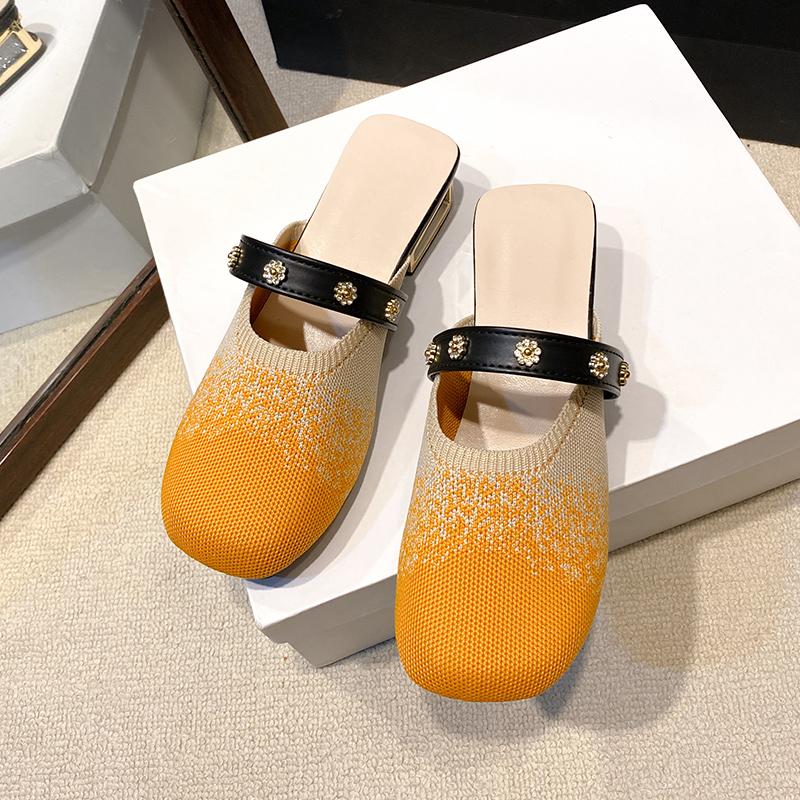 Fashion Spring New Baotou Slippers Women's Fashion Round Head Mesh Cloth Breathable Anti-slip Low Heel Slippers