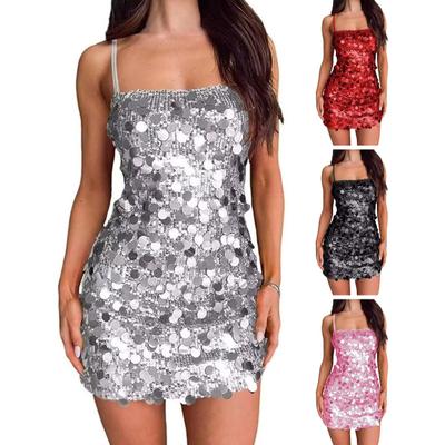 Sexy, figurbetontes Minikleid mit Pailletten für Damen, Spaghettiträger, glitzernd, Abendkleid, ärmellos, rückenfrei, funkelnd, Club-Partykleid
