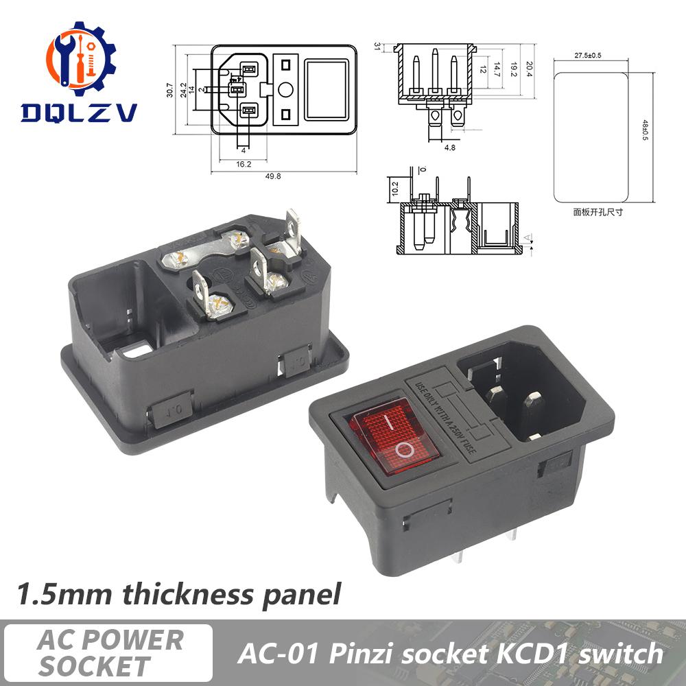 Inlet Plug Pin Connector 3 Pin IEC320 C14 Electrical Socket LED 250V Rocker Switch Brass 10A Fuse Computer Mount Accessories