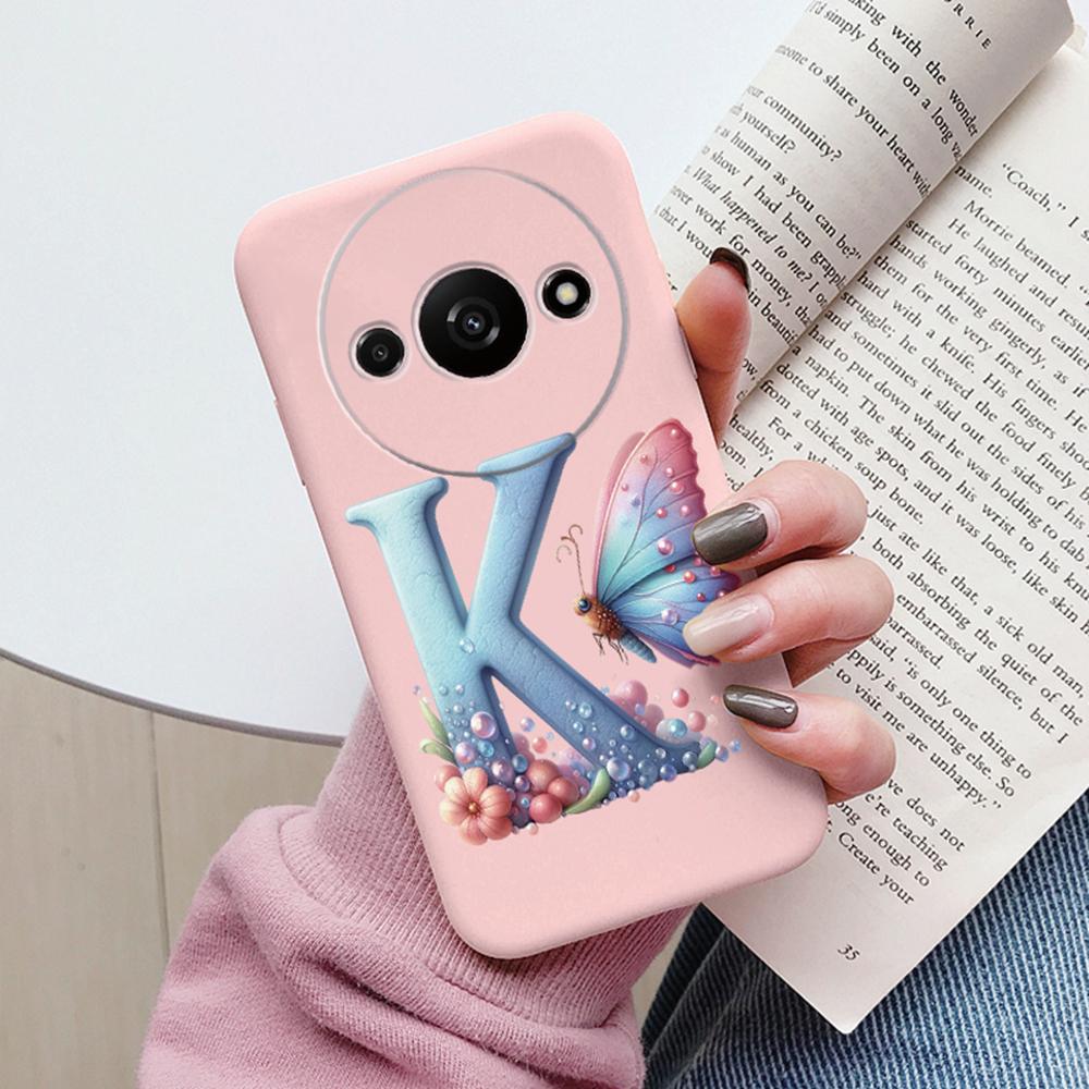 Handyhülle für Xiaomi Redmi A3 4G A3x Rosa Buchstabe Blume Schmetterling Stoßfest Weiches Silikon Cover Kameraschutz TPU Fundas