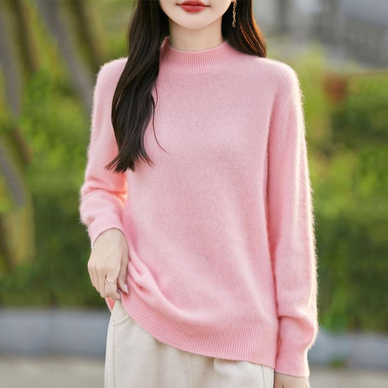 Women's Cream Yellow Wool Brushed Pullover Sweater, Half-High Neck Loose Knitwear Base Layer Top