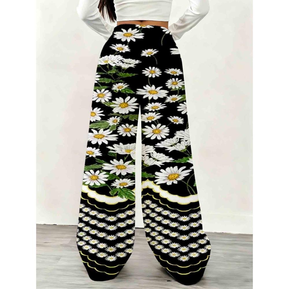 Women's Daisy Print Wide Leg Pants - Adjustable Drawstring Waist and Elastic Pants, Loose Version Trousers