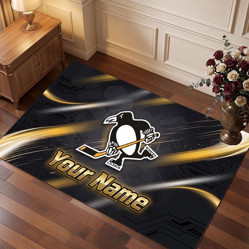 Pittsburgh Penguins Personalized Crystal Velvet Carpet, Customized Name Text Soft Anti‑Slip Rug for Living Room Bedroom