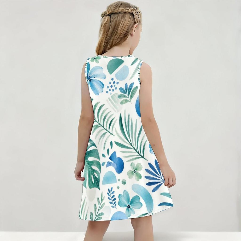 Girls Round Neck Sleeveless Tropical Leaves Printed A Line Flared Dress