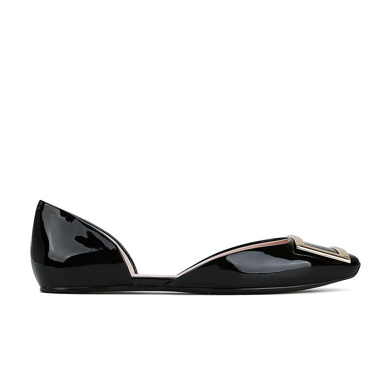 [] Female Director of Investment Bank~ Square Head Square Buckle Leather Hollow Single Shoes Women's Flat Shoes Commuting