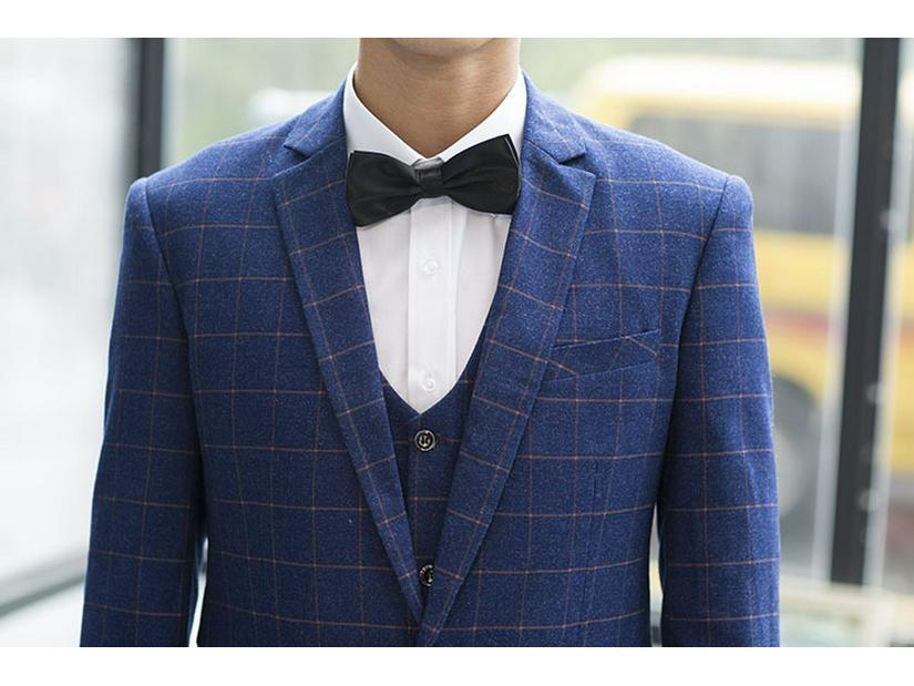 Men's Blue Plaid Slim Fit Blazer & Suit Set - Korean Style Two-Button Casual Tuxedo
